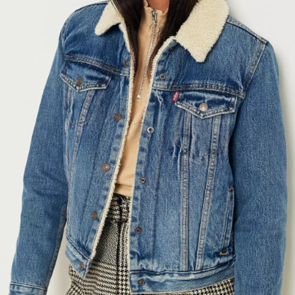 LEVI'S Premium Big E Denim Sherpa Lined Snap Button Front Trucker Jacket Women M